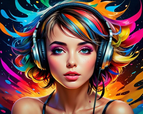 Colorful Portrait of a Young Woman with Headphones