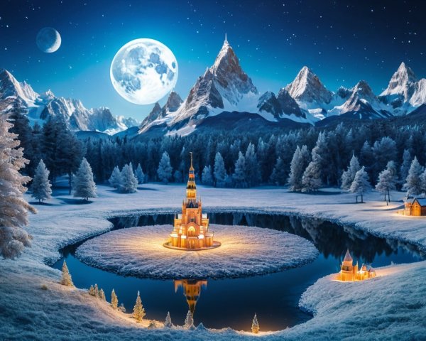 Winter Landscape with Castle and Starry Sky