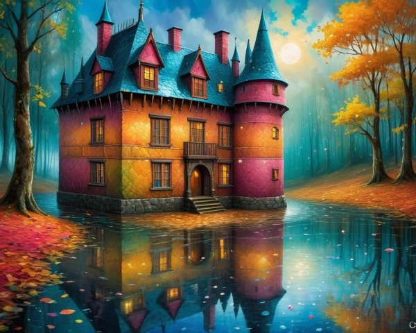 Whimsical Colorful Mansion by Tranquil Lake at Night