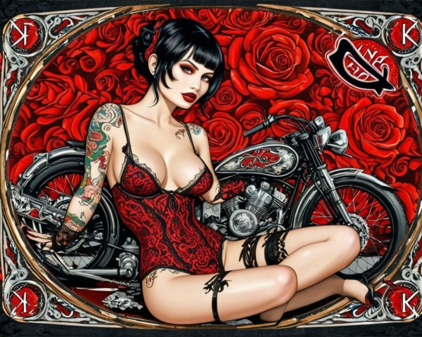 Woman with Tattoos and Vintage Motorcycle in Roses