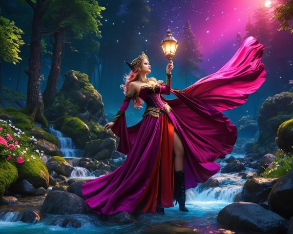 Regal figure in vibrant gown in a magical forest