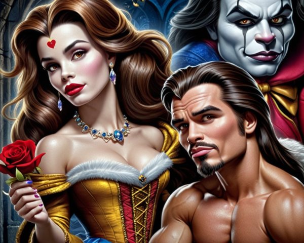 Fantasy Scene with Princess, Prince, and Mysterious Figure