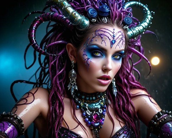 Intricate Figure with Colorful Horns and Dreadlocks