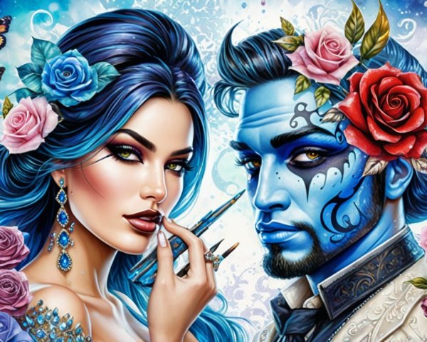 Couple with Blue Hair and Intricate Facial Designs