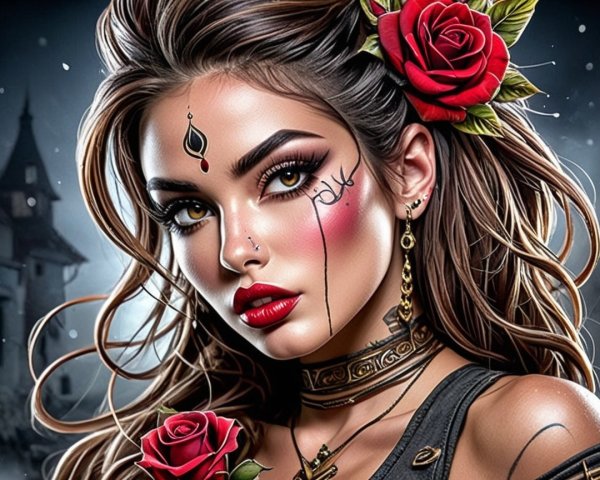 Woman with Roses and Gothic Castle Background
