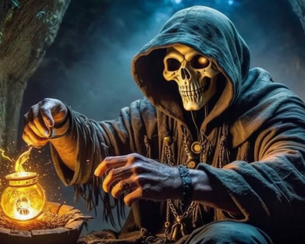 Cloaked Figure in Mystical Forest with Glowing Sparkles