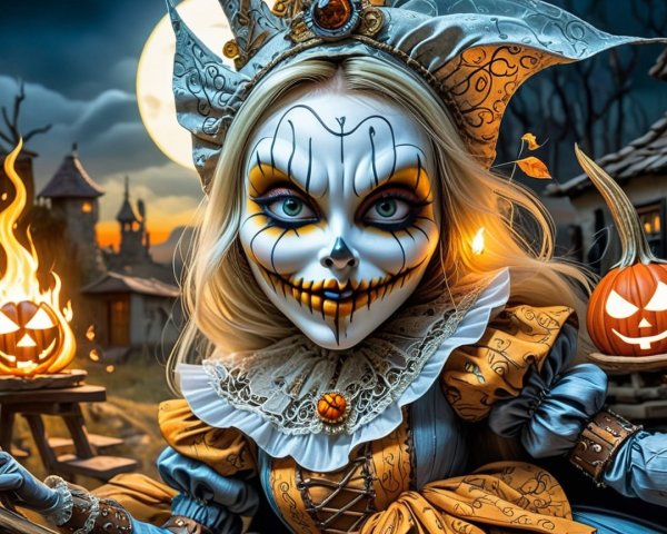 Whimsical Character in Spooky Costume with Pumpkins