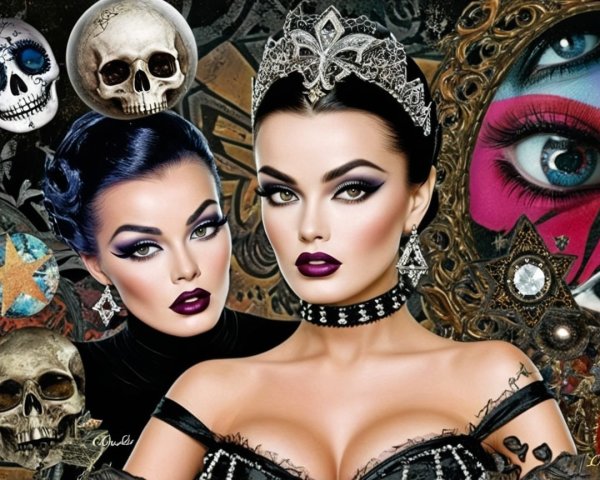 Gothic Art Composition with Glamorous Women and Skulls