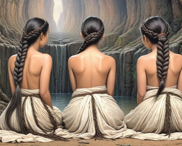 Figures in Neutral Garments by a Serene Waterfall
