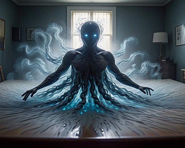 Surreal Figure with Glowing Eyes and Ethereal Tendrils