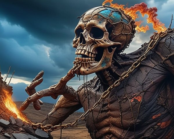 Skeletal Figure with Flames in Rocky Landscape
