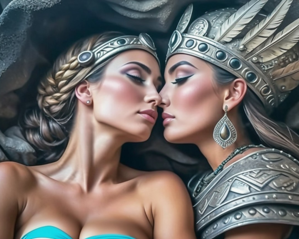 Two Women with Foreheads Touching in Bold Outfits