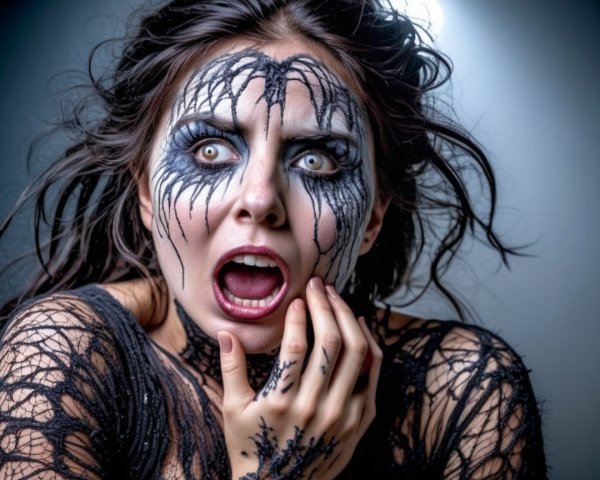 Dramatic Makeup with Spider Web Designs on Face