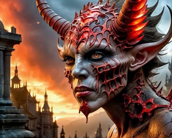 Fierce Fantastical Character with Demon-Like Features