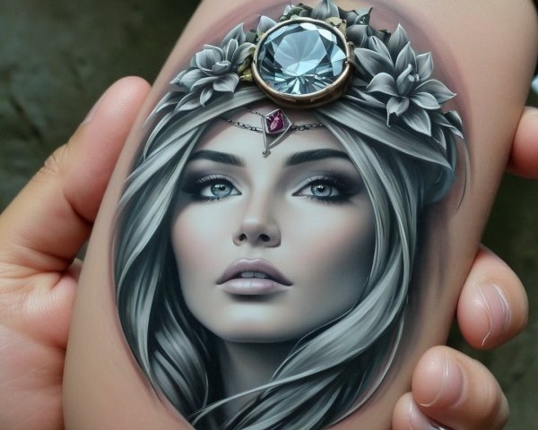 Realistic Tattoo of a Young Woman with Silver Hair