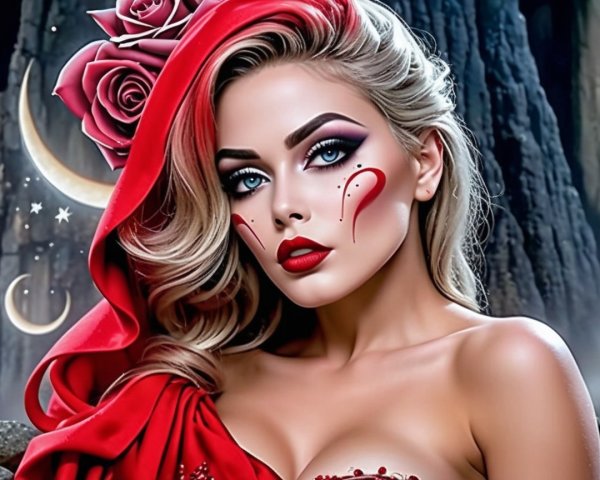 Glamorous Woman in Red Cloak with Mystical Background