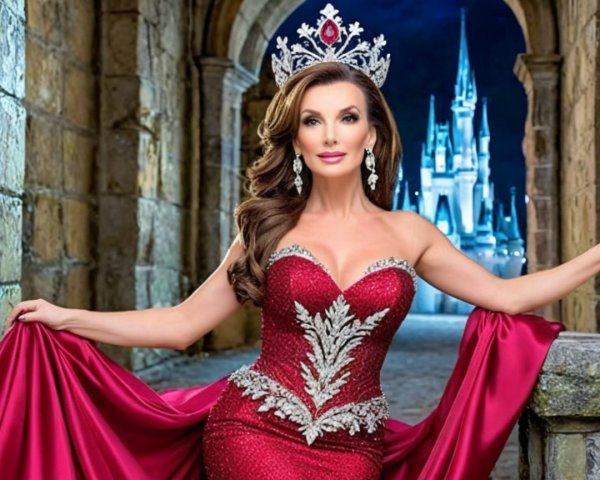 Glamorous Woman in Red Gown at Enchanting Castle