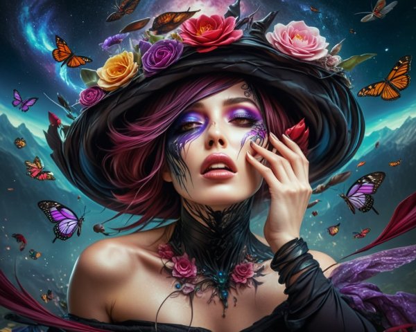Mystical woman in floral hat with cosmic backdrop