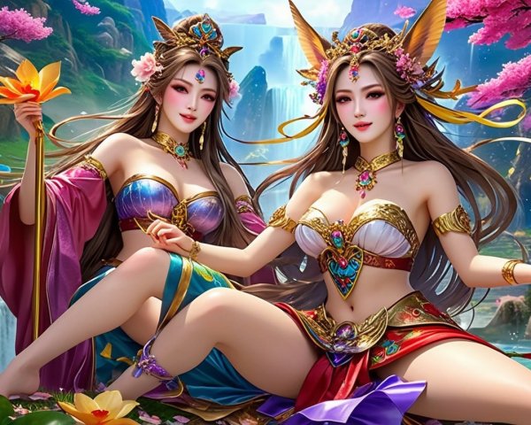 Elegant mythical figures in a vibrant landscape setting