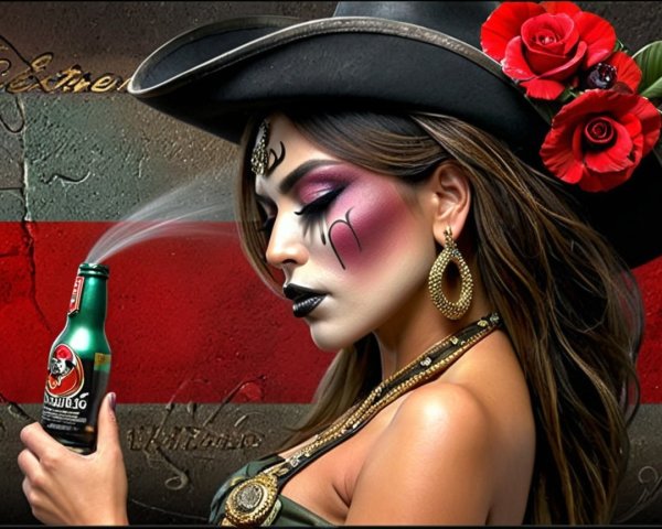 Woman in Traditional Mexican Attire with Bold Makeup