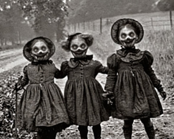 Children in Old-Fashioned Dresses with Eerie Masks