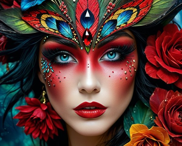 Stunning Woman with Bold Red and Turquoise Makeup