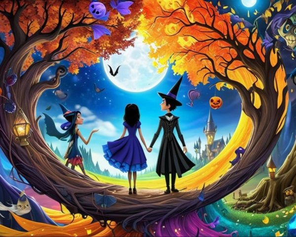 Children in Costumes Under Enchanted Autumn Archway