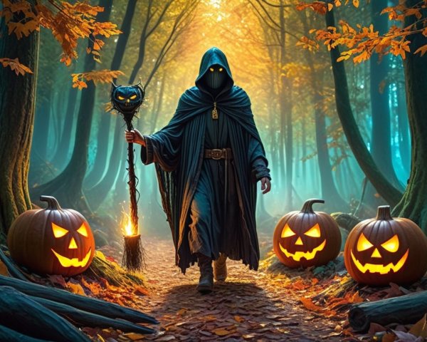Cloaked Figure in Enchanted Autumn Forest Scene