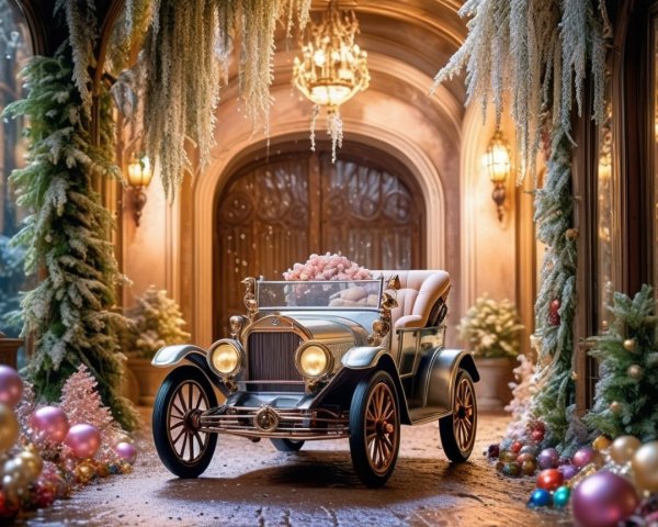 Vintage Silver Car with Floral Accents and Decorated Entrance