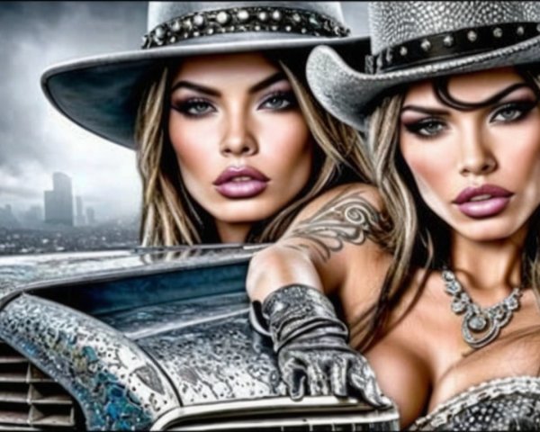 Glamorous Women in Stylish Outfits by Vintage Car