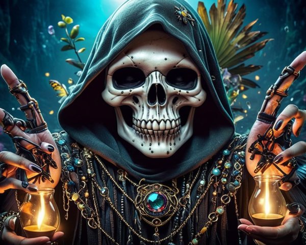 Mysterious Cloaked Figure with Lanterns and Skull Face