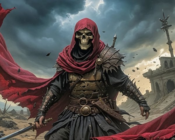 Armored figure in red cloak in desolate landscape
