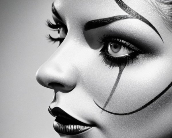 Black and White Portrait of a Woman with Dramatic Makeup