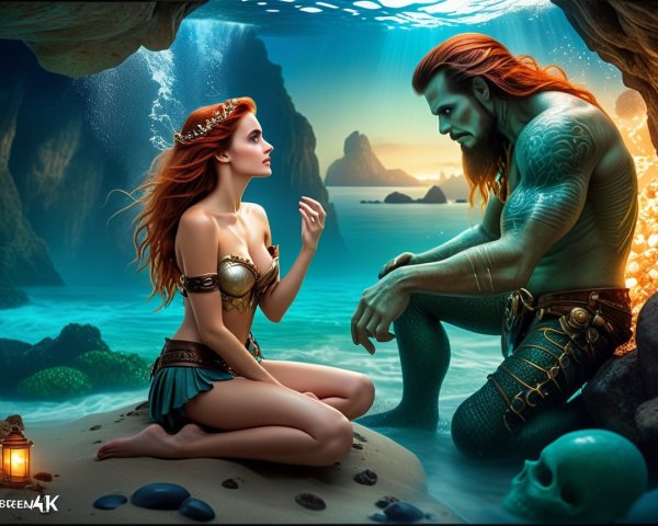 Mermaid and Merman in a Magical Underwater Scene