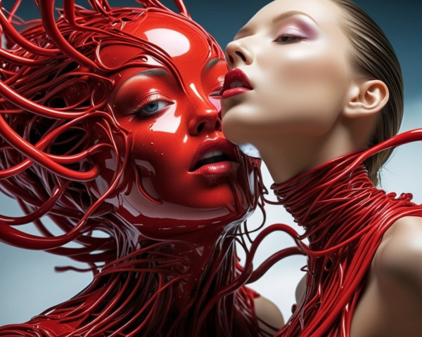 Glossy Red Sculpture of Woman Entwined with Model