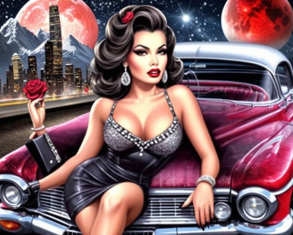Glamorous Woman on Classic Car with City Skyline