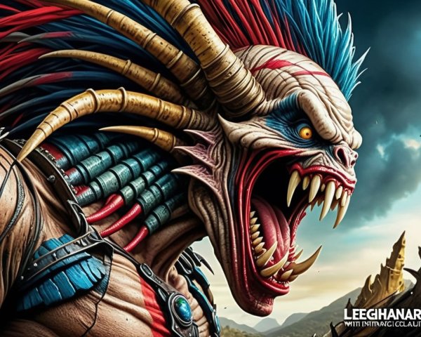 Fierce Monstrous Creature with Blue and Red Markings