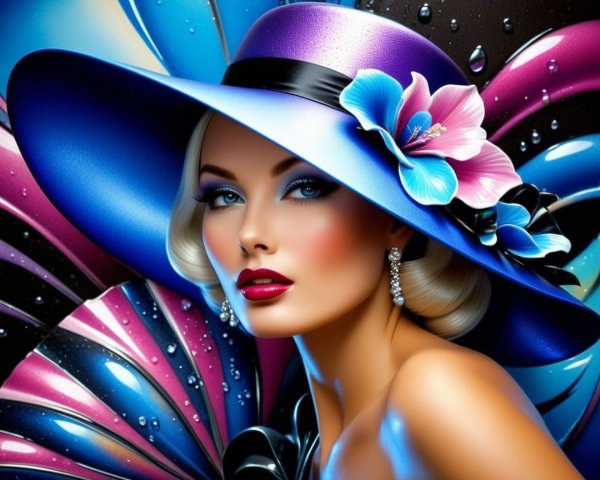 Glamorous Woman in Vibrant Hat Against Colorful Background
