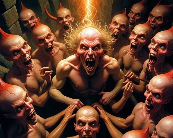 Central figure with glowing hair among menacing bald figures