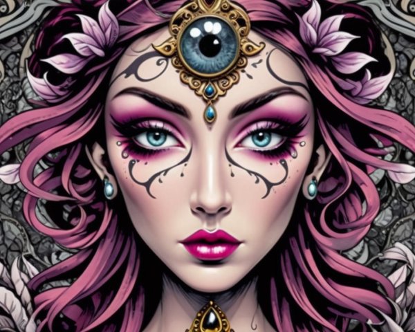 Illustration of a woman with pink hair and third eye