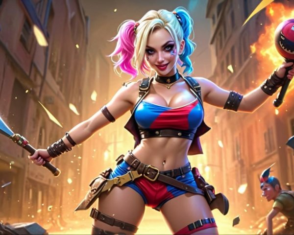 Bold Female Character in Urban Setting with Weapon