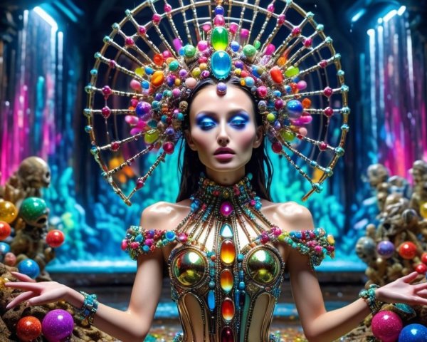 Elaborate Figure in Jewel-Encrusted Outfit and Headdress