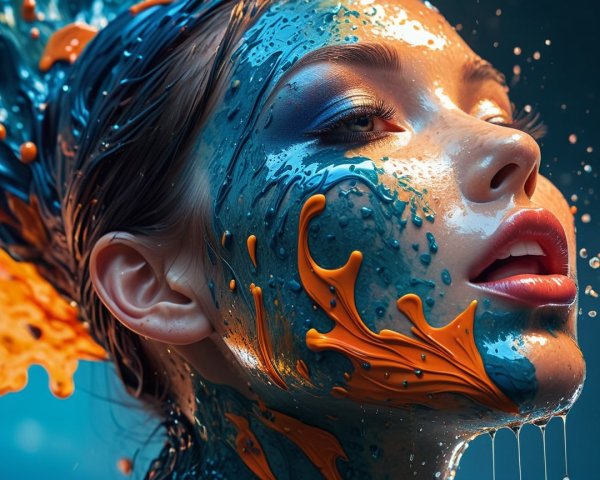 Glamorous Woman's Face with Colorful Liquid Paint Details
