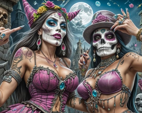 Elegant Women with Skull Faces in Haunted Castle Scene