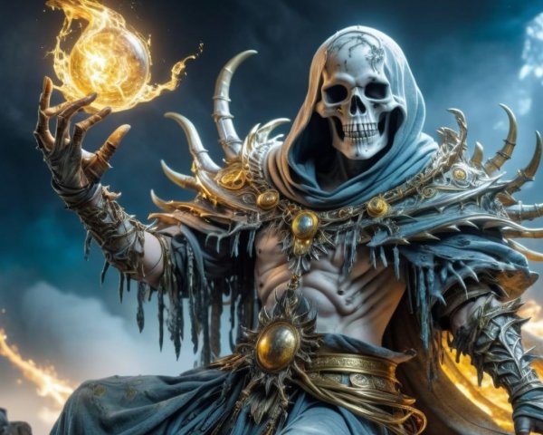 Skeletal Figure in Dark Robes with Glowing Orb