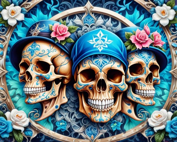 Intricate Skulls with Blue Hats and Floral Motifs