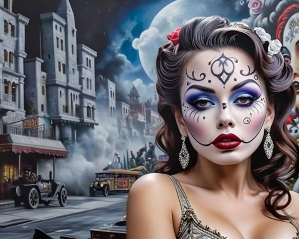 Woman with Sugar Skull Makeup in Cityscape Background