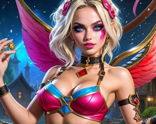 Fantastical Character with Pink Wings in Enchanted Village