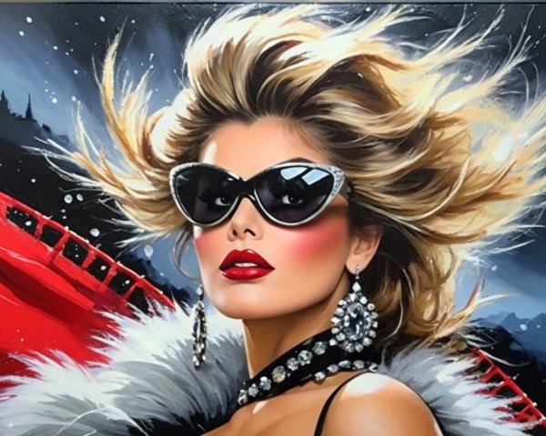 Glamorous Woman in Snowy Landscape with Bold Accessories