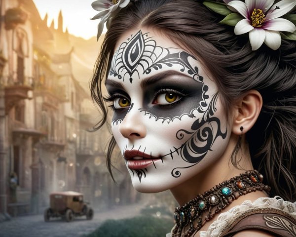 Woman with Sugar Skull Makeup and Floral Hair Decor